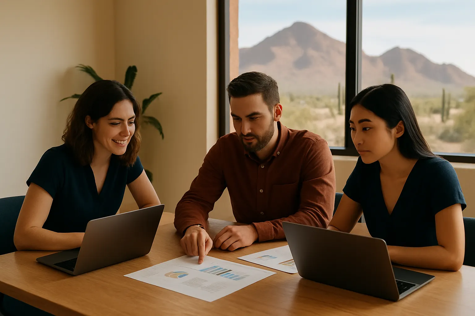 A small marketing team planning a campaign together in a Phoenix office
