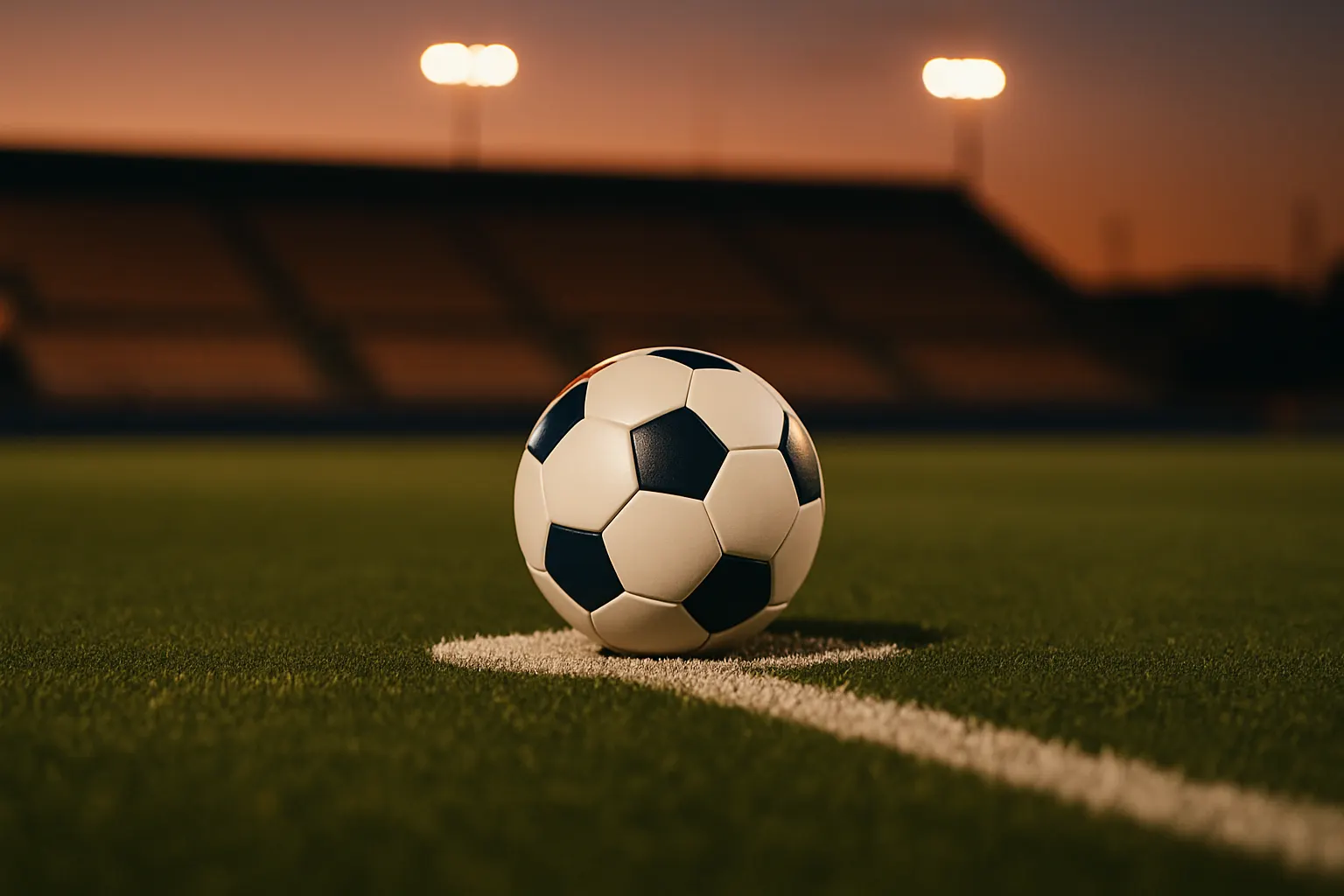 A soccer ball on the penalty spot of a floodlit pitch at dusk