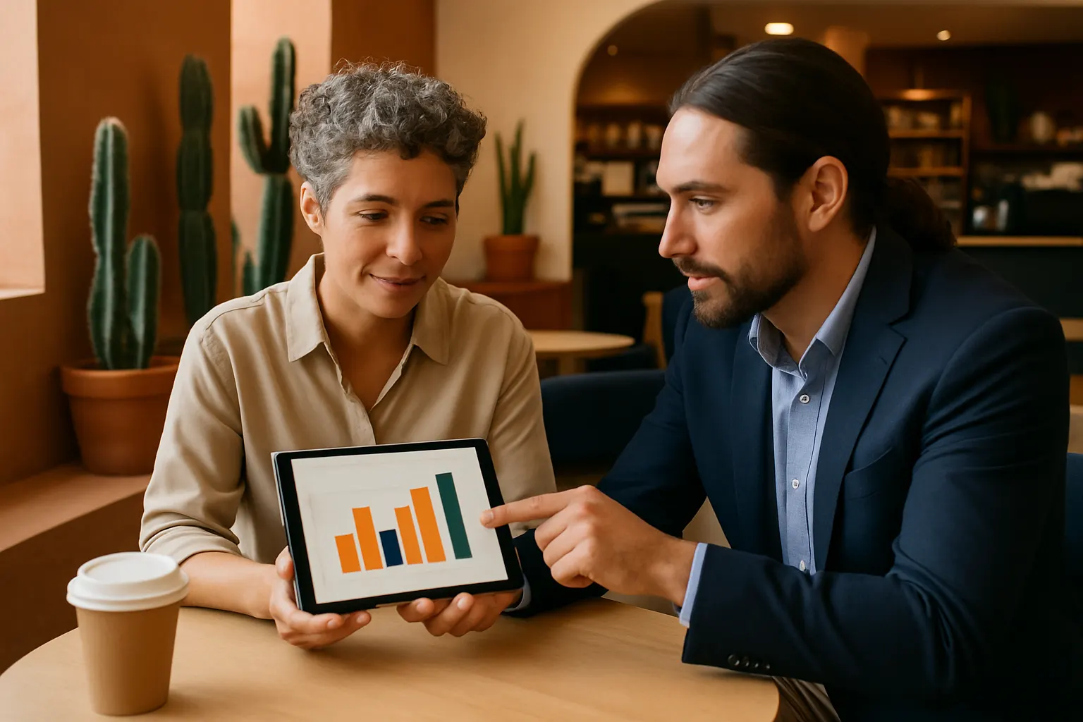 A business owner and a marketing strategist reviewing ad results on a tablet