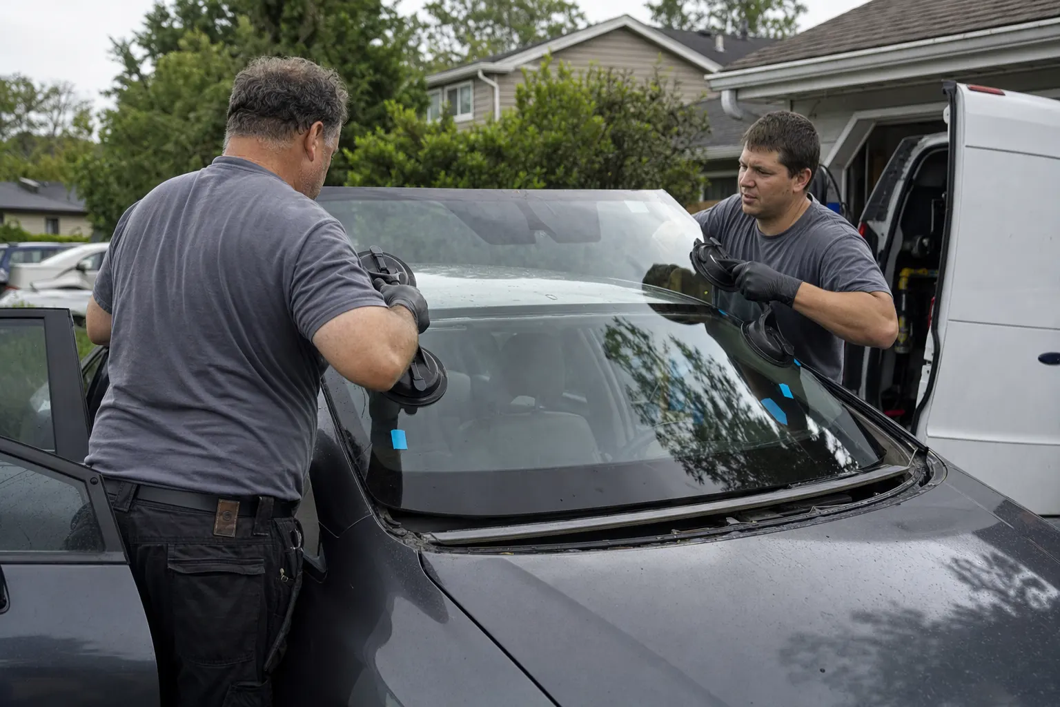 Two technicians setting a new windshield into a sedan in a residential driveway