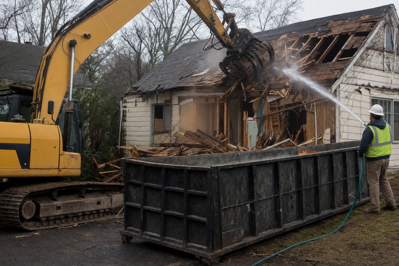 Demolition crew taking down an old wood-frame house with an excavator and a water spray for dust