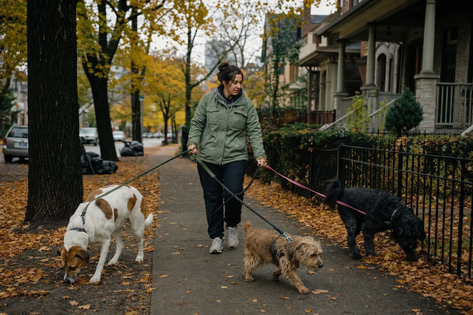 Dog walker leading three leashed dogs along a tree-lined neighborhood sidewalk