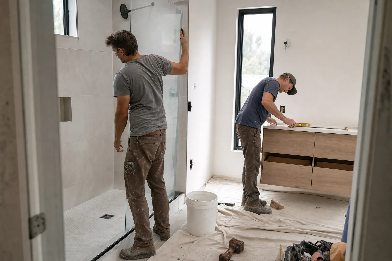 Remodeling crew finishing a renovated bathroom with a walk-in tile shower