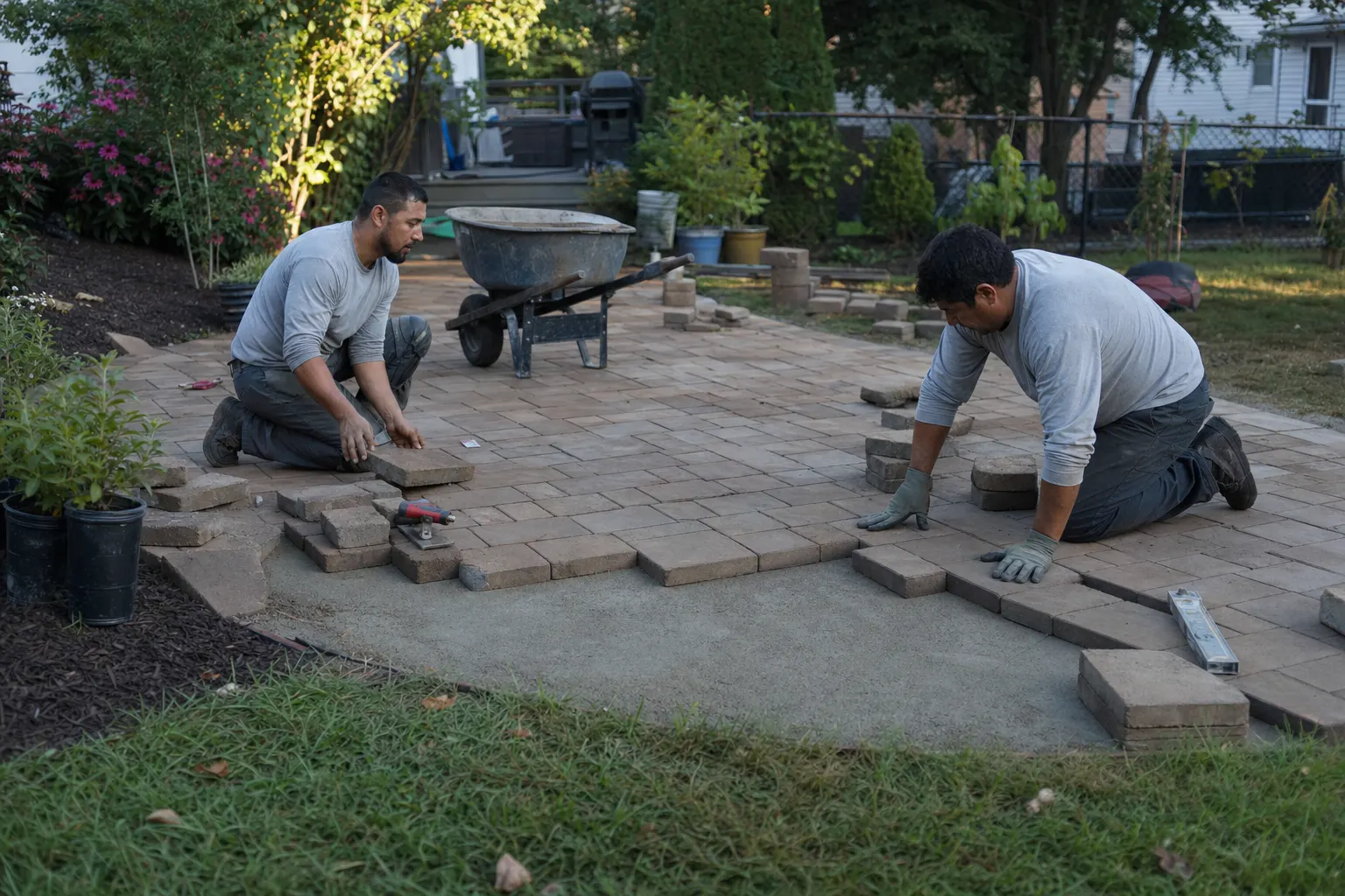 Landscape crew laying pavers for a new backyard patio