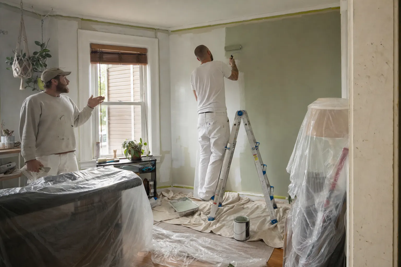 Painter rolling a fresh coat onto a living room wall with furniture covered