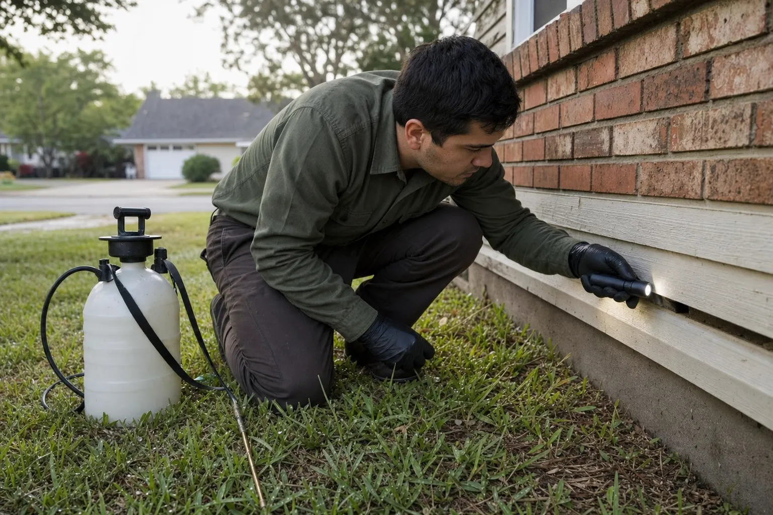 Pest control technician inspecting the foundation of a house with a flashlight