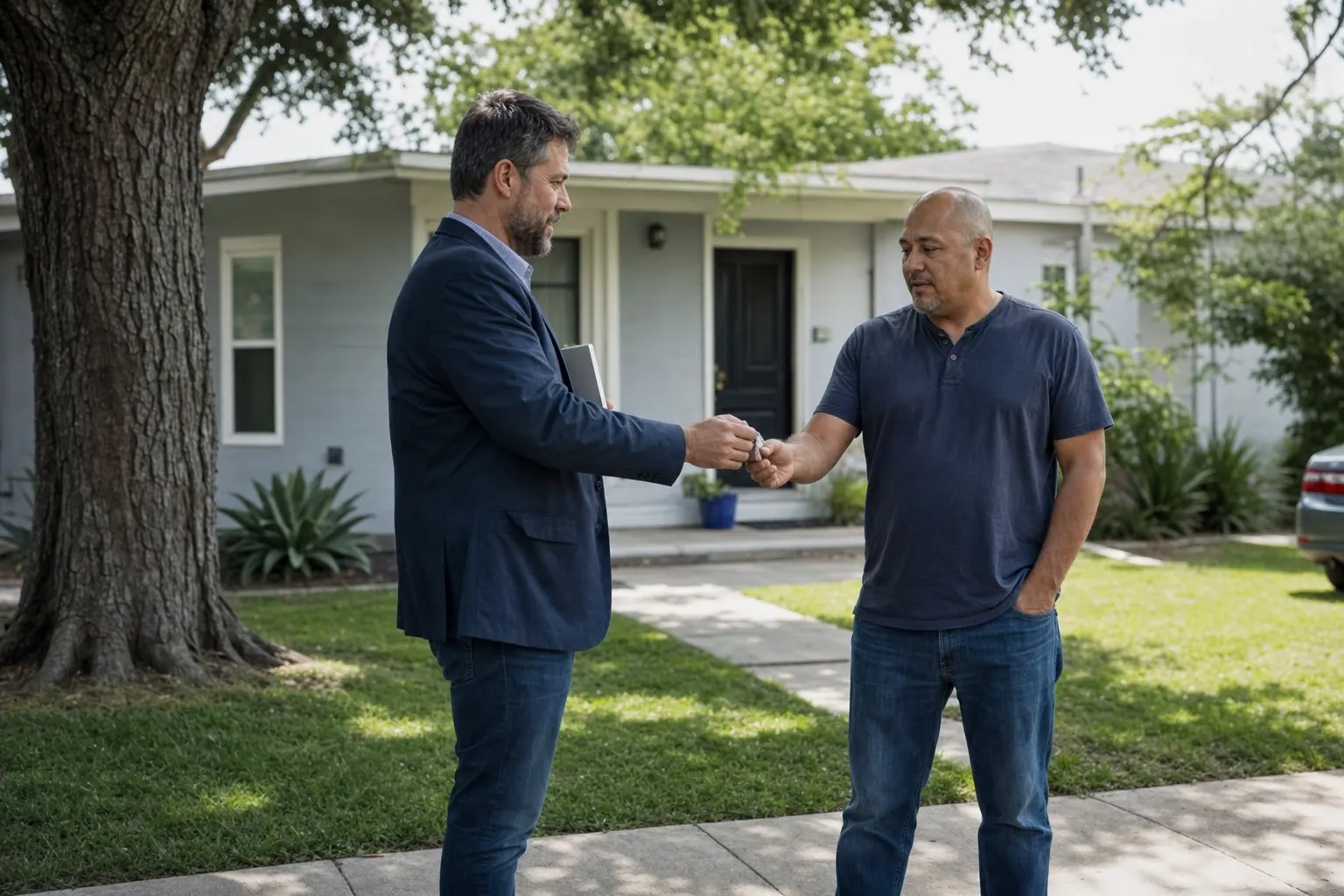 Property manager handing house keys to a rental owner outside a single-family home