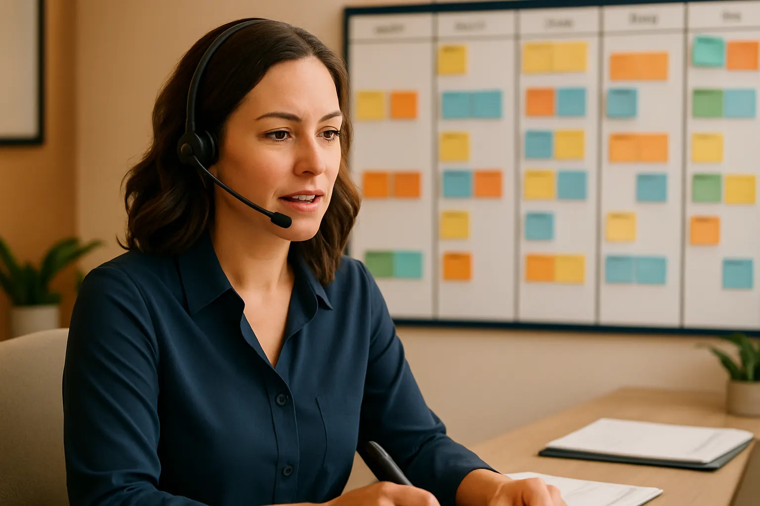 An office manager in a headset taking a customer call beside a job scheduling board
