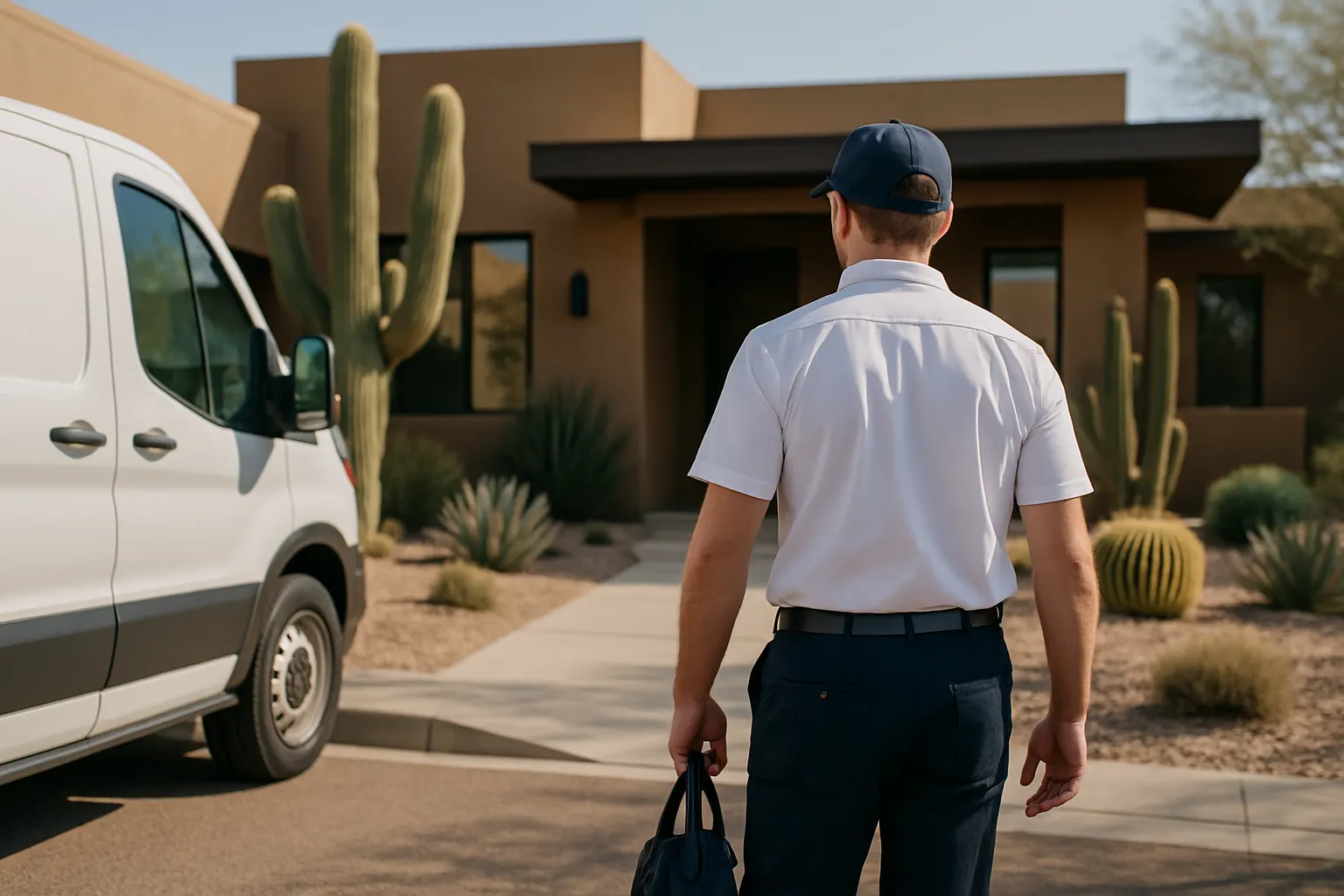 A home services technician arriving at a desert-landscaped Scottsdale home