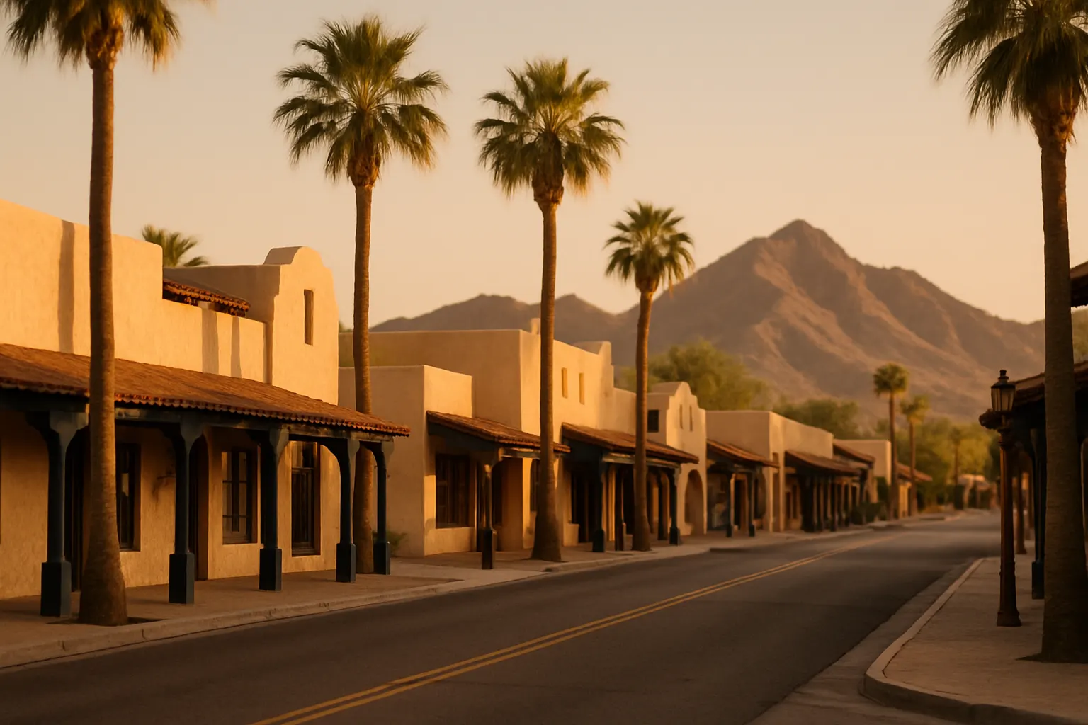 Old Town Scottsdale at golden hour with palm trees and the McDowell Mountains
