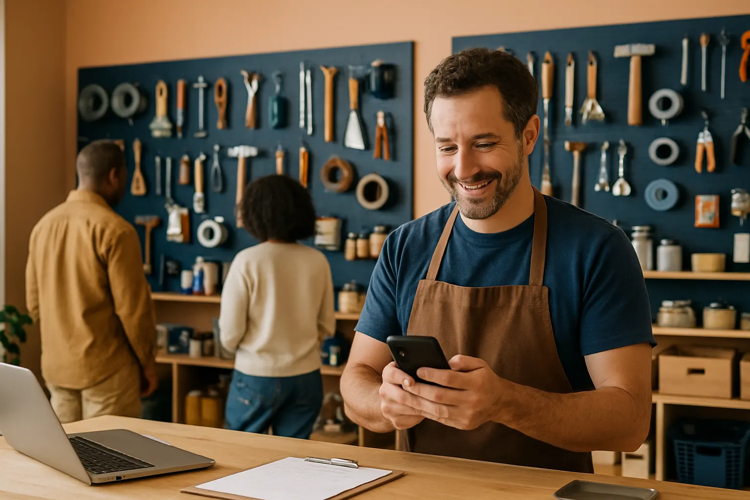 A small business owner behind the counter of a local store checking a smartphone