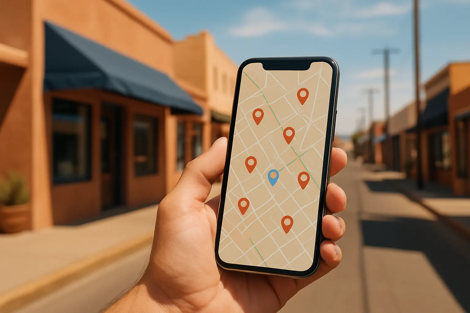 A smartphone map with local business pins on a sunny main street