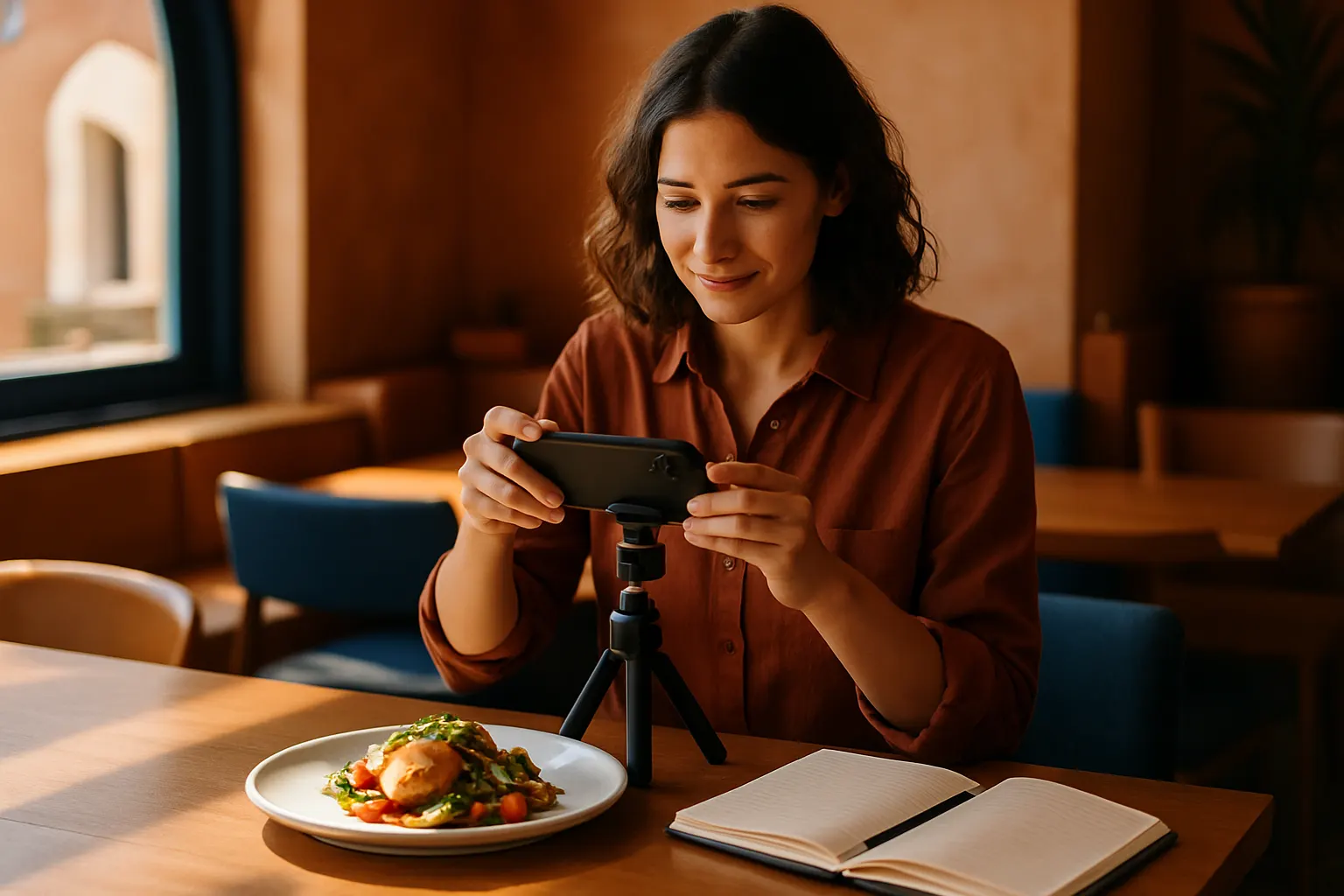 A marketer photographing a plated dish with a smartphone in a sunlit restaurant