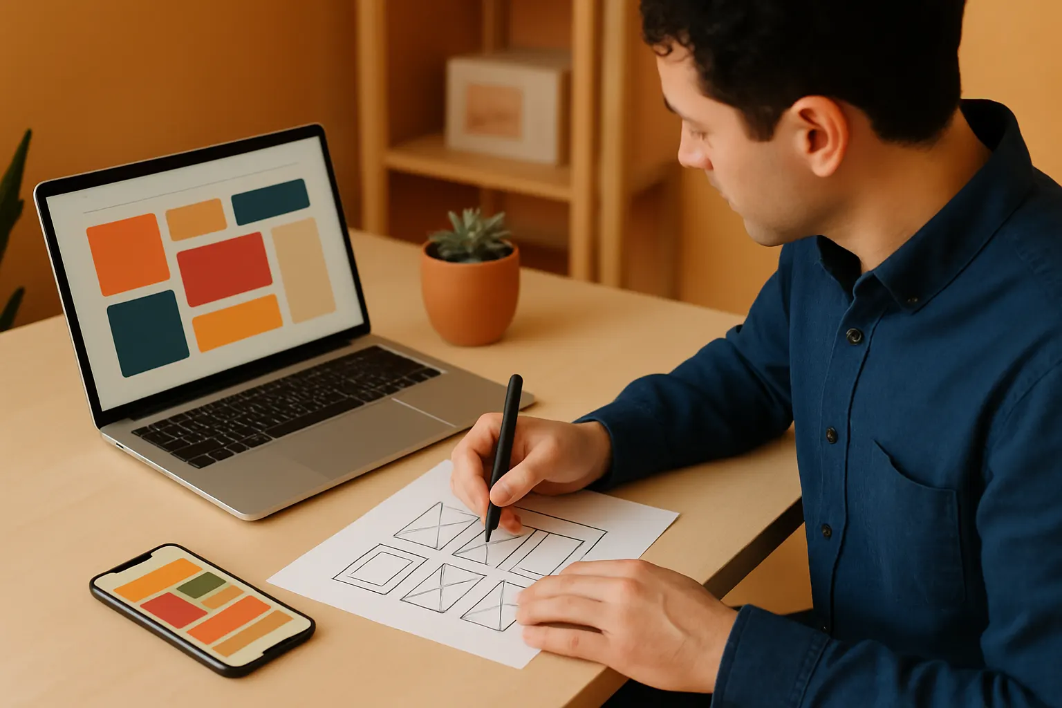 A web designer sketching page wireframes beside a laptop and phone